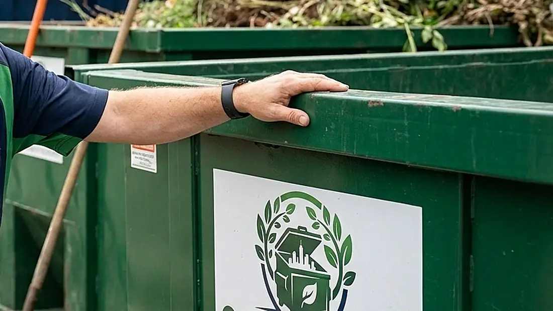 A roll-off container part-loaded with brush and yard waste