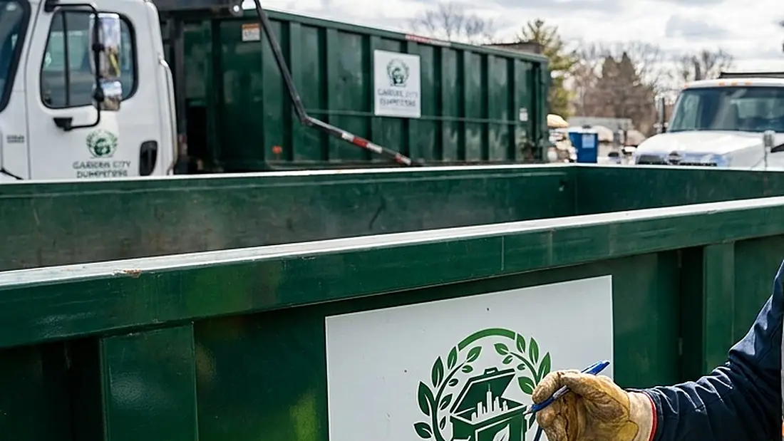 A row of roll-off containers in the yard with a delivery truck alongside