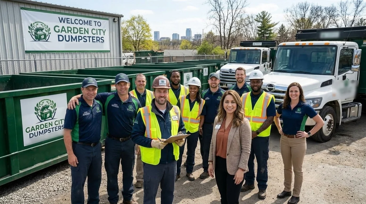 The Garden City Dumpsters crew with roll-off dumpsters and delivery trucks at the Augusta yard